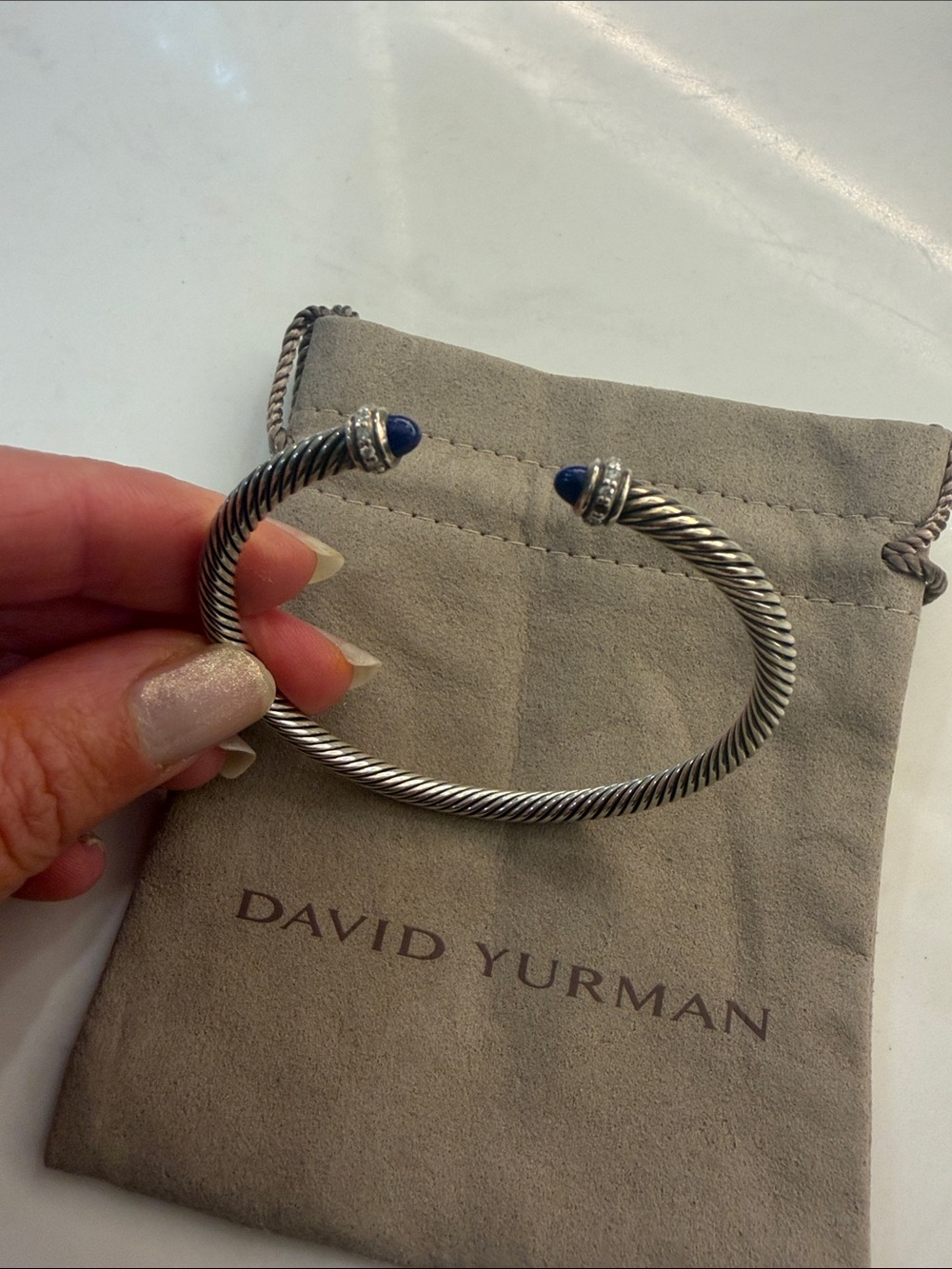 David Yurman Sterling Silver Twisted Cable Cuff with Lapis Blue 4mm